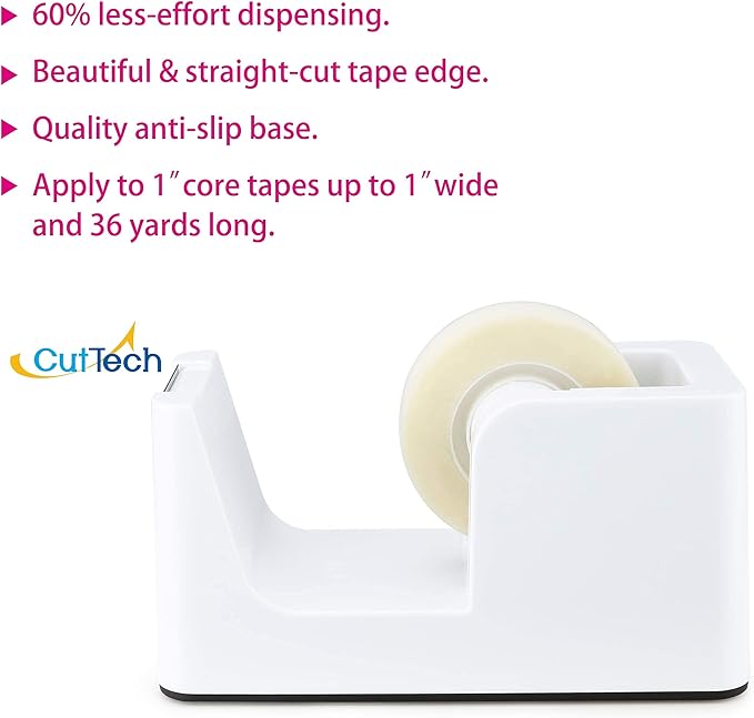 ABEL SimpleWork Desktop Tape Dispenser, White, 1 in Core, Non-Skid Weighted Base, Tape Cutter for Office, Home, School, and Crafts