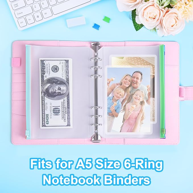 Antner 20PCS A5 Binder Pockets 6-Hole Cash Stuffing Envelopes for Money Saving, 10 Assorted Color Zipper Pouch Folders Budget Planner Inserts Loose Leaf Money Organizer Bags for A5 6-Ring Binder
