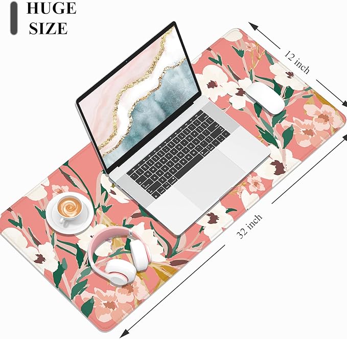 Desk Mat, 32" x 12" XXL Extended Large Gaming Mouse Pad, Desktop Decor Desk Pad, Cute Men Women Office Supplies and Accessories, XL Mouse Mat for Laptop & Keyboard, Pink White Flowers