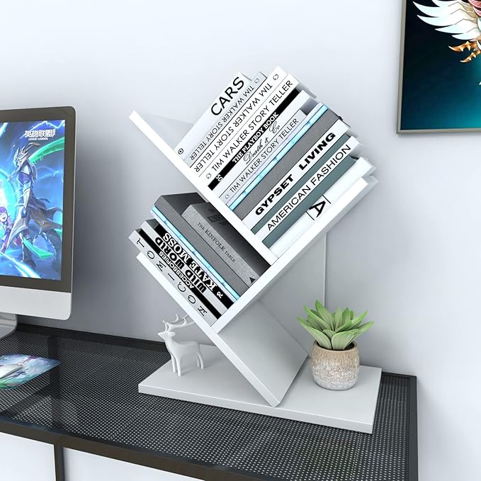 Godferyxin Tree Bookshelf, 3-Tier Wood Mini Bookshelf and Small Bookcase for Office, Home or School Desk Book Shelf for for Displaying Books, CDs, Magazines Wood Storage Rack-Whit