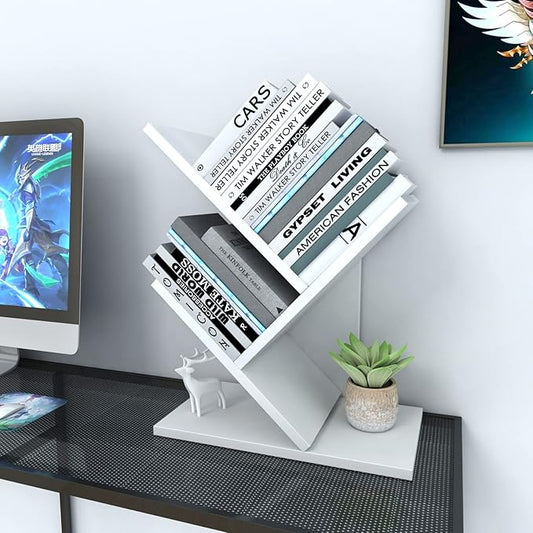 Godferyxin Tree Bookshelf, 3-Tier Wood Mini Bookshelf and Small Bookcase for Office, Home or School Desk Book Shelf for for Displaying Books, CDs, Magazines Wood Storage Rack-Whit