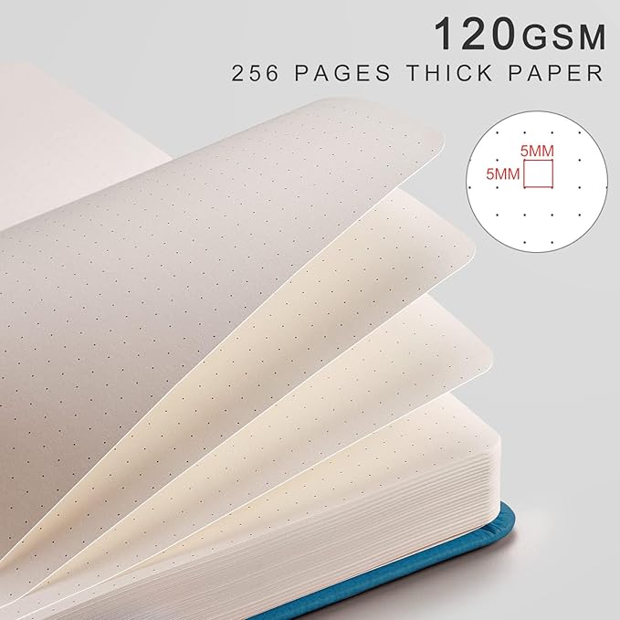 EMSHOI Dotted Notebook - 256 Pages A5 Dot Grid Journal Bullet Notebook with 120gsm Thick Dotted Paper,16 Perforated Pages, Hardcover Leather, Pen Holder, Inner Pocket, 5.75" x 8.38"-LightBlue