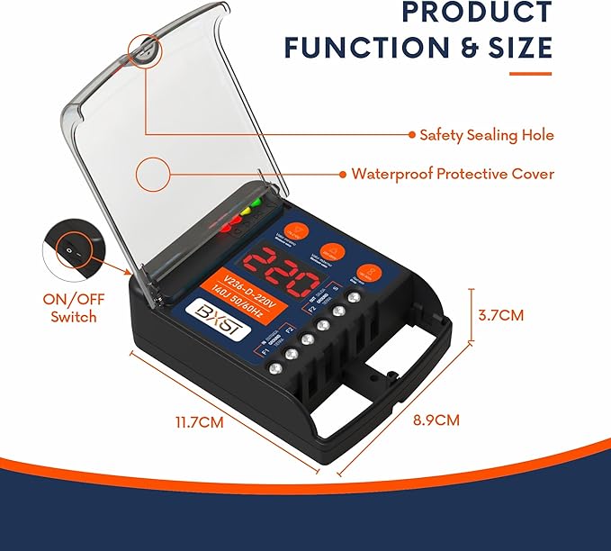 BXST Heavy Duty Wiring Surge Protector with LED Display Adjustable Voltage & Delay Protection, 220V, 30A, 6600W Max, 140J Surge Protection for Refrigerators, Air Conditioning, Motors, Pumps