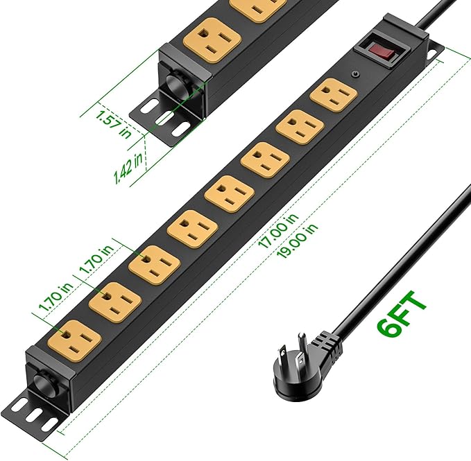 CRST 8 Outlet Metal Heavy Duty Power Strip, 2100 Joules Mountable Surge Protector Power Strip, Slim Power Bar with 6ft 14AWG Cord, ETL Listed