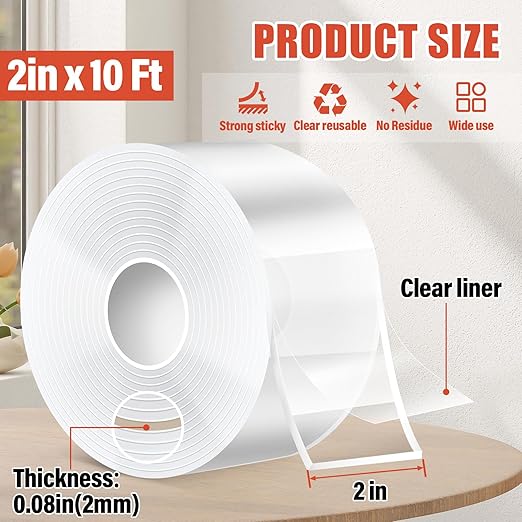 Navona 2In x 10Ft Double Sided Nano Tape, Heavy Duty Removable Transparent Mounting Tape for Walls, Home, Office, Kitchen – Multipurpose Reusable Adhesive Tape