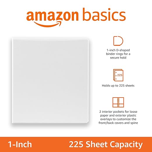 Amazon Basics 3 Ring Binder with Durable 1 Inch D-Ring and Clear Overlay for Storage and Organization, Pack of 4, White
