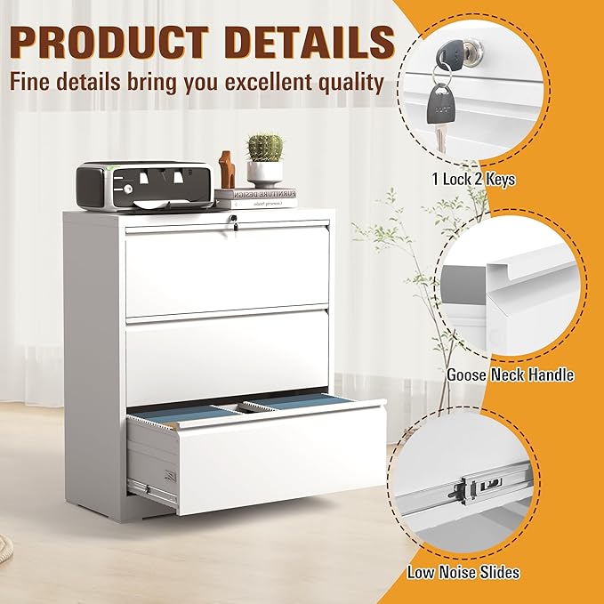 3-Drawer Lateral File Cabinet with Lock, Black Metal Filing Cabinet for Office or Home – Secure Storage for Letter/Legal/A4/F4 Documents, Easy to Assemble Locking File Organizer (White, 3 Drawer-40"H)