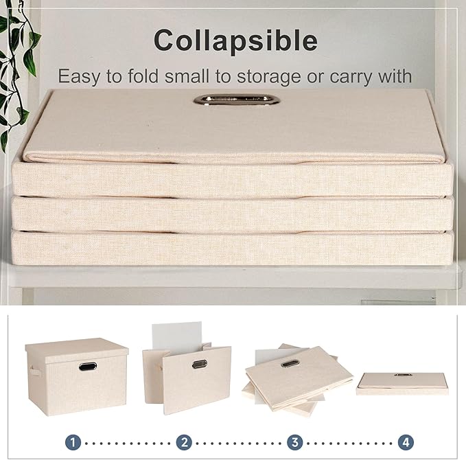 Large 17" 36 Quart Collapsible Stackable Storage Bins with Lids, 3 Packs Light Orange Linen Fabric Closet Boxes with Lids, Storage Cube Baskets Container Organizers for Office (17x12x11)