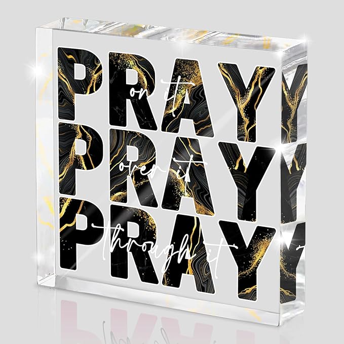 Black Gold Desk Decorations for Office, Ideal Christian Gifts for Women - Pray On It,Pray Over It - Bible Verse Desk Art, Inspirational Decor, Dorm Room Decor for Women, 4 x 4 inches(Black Gold)