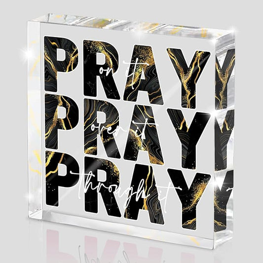 Black Gold Desk Decorations for Office, Ideal Christian Gifts for Women - Pray On It,Pray Over It - Bible Verse Desk Art, Inspirational Decor, Dorm Room Decor for Women, 4 x 4 inches(Black Gold)