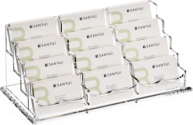 YUXUN Business Card Holder Display for Desk, Clear Acrylic Cards Stand for Women and Men 12 Slots 4 Tier 1 Pack (12slots)…