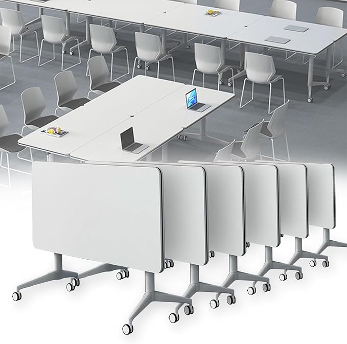 Conference Table Folding Conference Table, Modern Conference Room Table White Meeting Table Flip Top Large Mobile Training Table, Mobile Training Seminar Table for Office Classroom (6pack 63in)