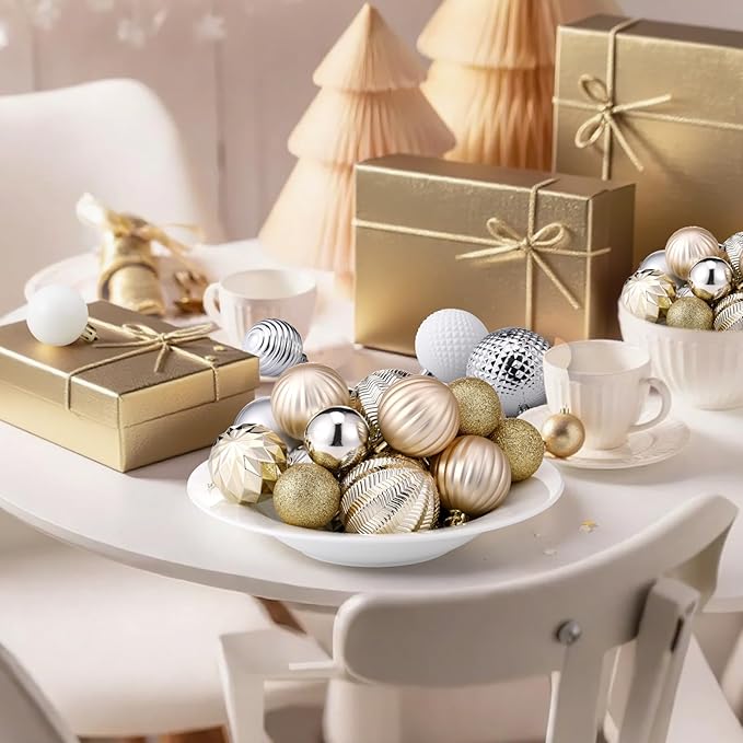 64 Pcs Christmas Ball Ornaments Champagne Gold Silver White Xmas Ornaments Sets 1.6/1.97/2.4 Inch Shatterproof Glitter Xmas Balls Assorted Holiday Neutral Modern Christmas Decor for Tree Home