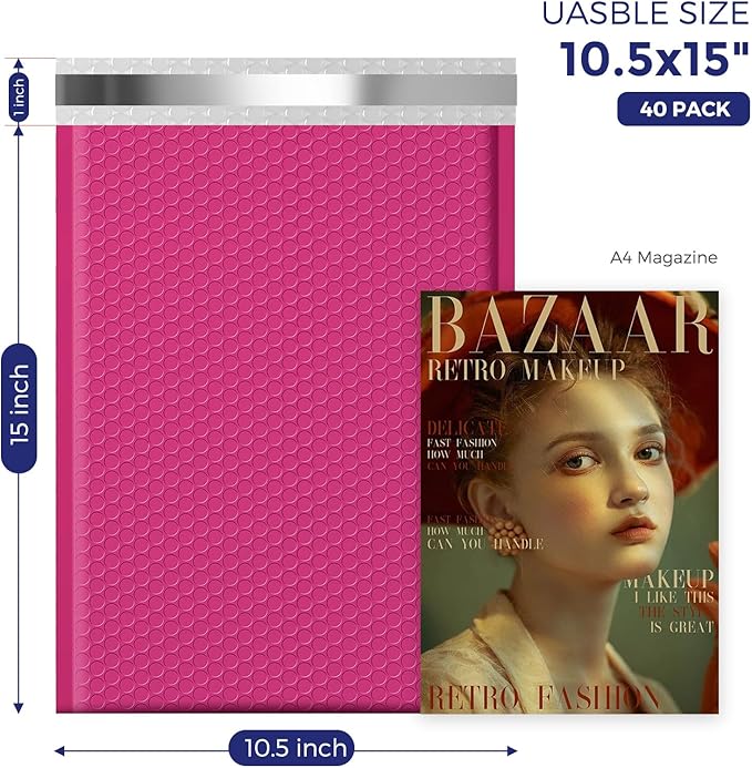 Fuxury Large Bubble Mailers 10.5x16" 40 Pack Self Seal Pink Padded Envelopes Waterproof Mailing Envelopes Bubble Padded Mailers for Packaging, Small Business #5