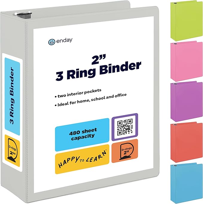 2 Inch 3 Ring Binder 2” Grey, Slant D-Ring 2 in Binder Clear View Cover with 2 Inside Pockets, Heavy Duty Colored School Supplies Office and Home Binders – by Enday