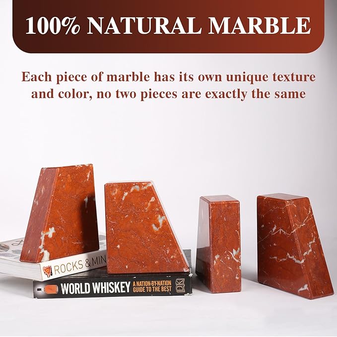 Koville Marble Bookends for Shelves, Large Bookends for Heavy Books, Non-Slip Heavy Duty Book Stopper for CD/Movies, Aesthetic Decorative Book Ends for Bookshelf Table Home Decor(Red)