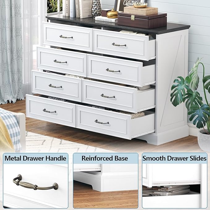 8 Drawer Dresser for Bedroom, 47" Wide Wooden Chest of Drawers, Rustic Farmhouse Dresser with Large Drawers & Metal Handles, Modern Storage Organizer for Closet, Living Room, Hallway, White