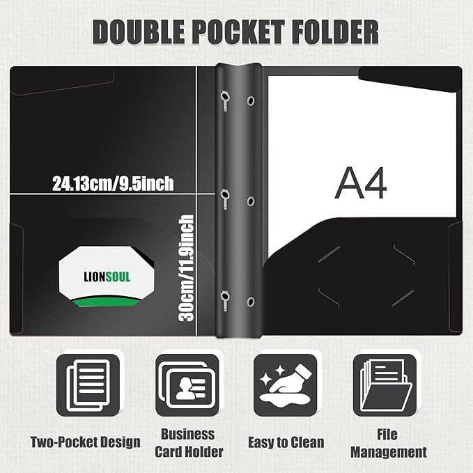 Pastel Plastic File Folders with Pockets and Prongs, 7 Pack, A4 Letter Size, Heavy Duty Waterproof Office Folders with Clear Front Cover for School, Home, and Office (Black)