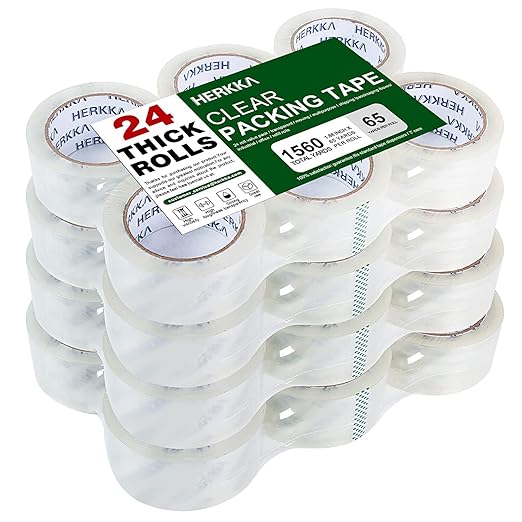 HERKKA Clear Packing Tape, 24 Rolls Heavy Duty Packaging Tape for Shipping Packaging Moving Sealing, Thicker Clear Packing Tape, 1.88 inches Wide, 65 Yards Per Roll, 1560 Total Yards