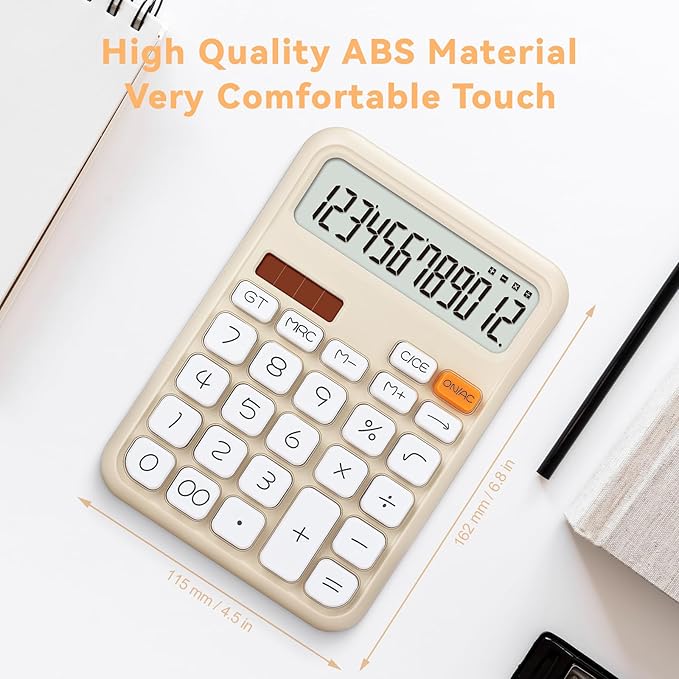 Pendancy Calculators Desktop, Basic 4 Function Handheld Desk Calculator with Solar Battery Dual Power, 12 Digit Large LCD Display Big Button for Office School Home Use (Beige)