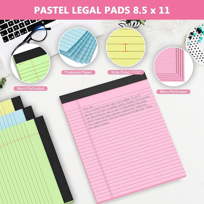 Legal Pads 8.5 x 11, Note Pads 8.5 x 11, Wide Ruled Paper, 4 Pack Colored Legal Pads, Pink Writing Pad, Multicolor Notepad with Sturdy White Back, 30 Sheets/Pad, Lined Paper Writing Paper Tablets