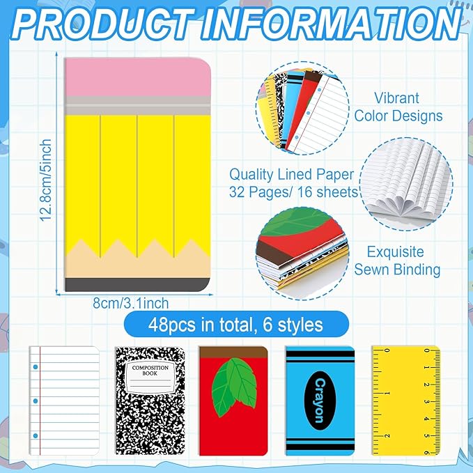 48 Pack Back to School Party Favor Mini Composition Books Small Pocket Size Crayon Pencil Apple Teacher Appreciation Notebooks for Students First Day of School Gift Favors Classroom Prize 5x3 Inch