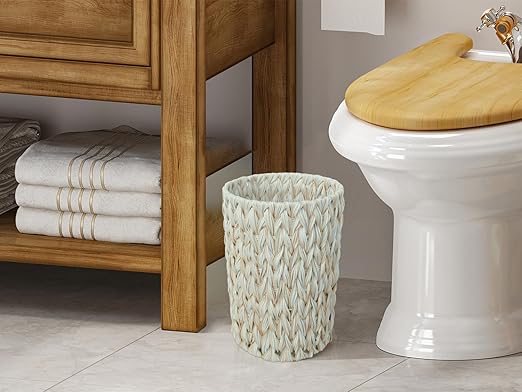 Wicker Trash Can,Bathroom Trash Can,Wicker Waste Basket for Bathroom,Decorative Boho Small Waste Basket for Bedroom,Office,Cream White 2 Gallon