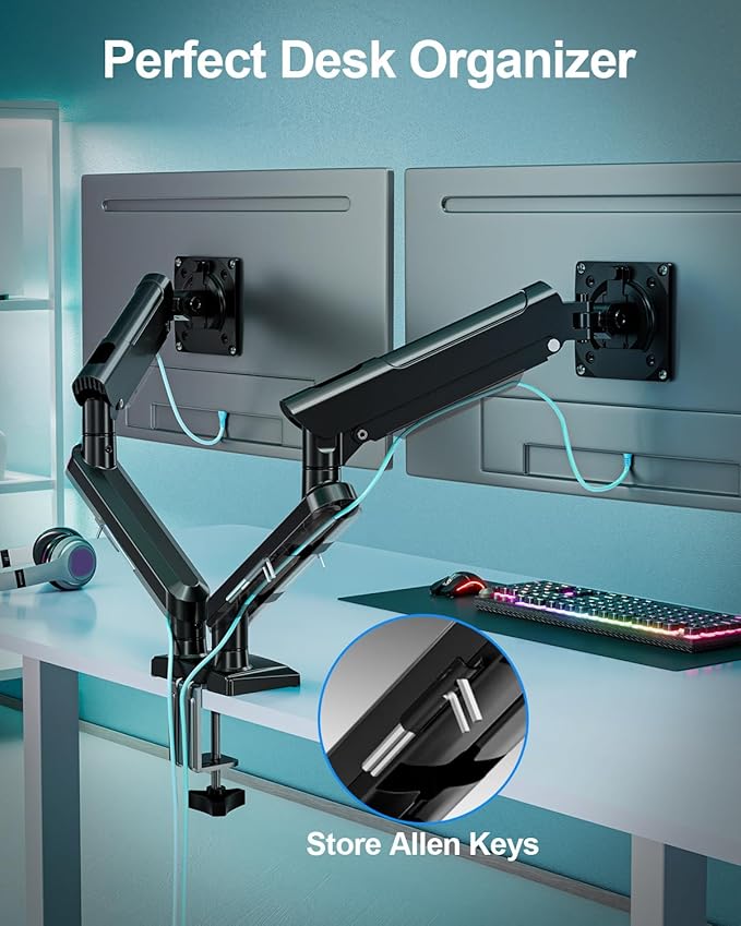 Dual Monitor Mount for 2 Monitors up to 32 inches, Height Adjustable Gas Spring Double Computer Stand, Two Display Desk Mount Holder, Each Monitor Arm Holds Max 22lbs, VESA Mount, Black, Freelift Pro