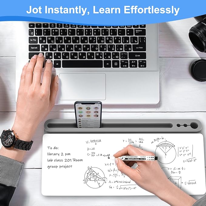 Desktop Glass Whiteboard with Storage, Grey Desk Dry Erase White Board with Computer Keyboard Stand, Desk Organizers and Accessories with Removable Cubicles for Office, Home, College, School