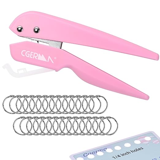 Single Hole Punch, with 30 Pcs Loose Leaf Binder Rings, 1/4" Hole Punches, 50% Labor Savings, Paper Hole Puncher, 15 Sheet Capacity, for Paper Cards Plastic Cardboard, Lightweight, Pink