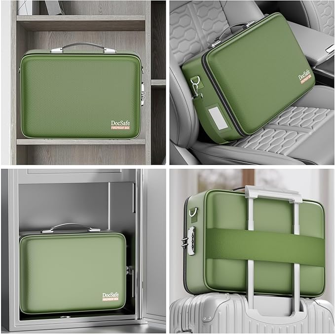 DocSafe Fireproof Document Box with Lock＆Shoulder Strap,Hard Case File Organizer with Accordion File Folder,Multi-Layer Portable Home Office Travel Safe Storage for Important Documents Laptop Green