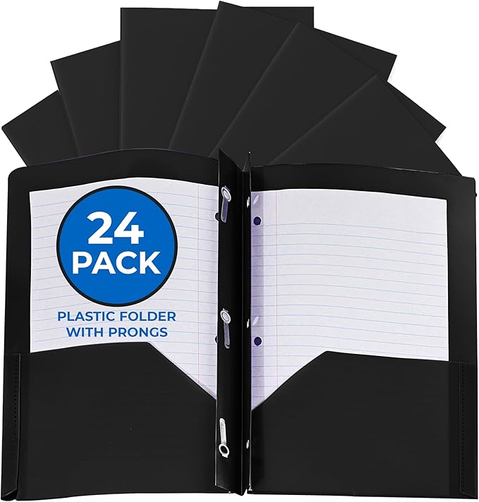 24 Pack Black Plastic Folders with Pockets Heavy Duty. 2 Pocket Folder with Prongs Bulk. Tear-Resistant Letter Size 8.5x11. Presentation Ready School and Office Supplies
