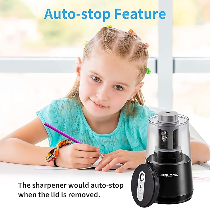 JARLINK Electric Pencil Sharpener, Heavy-Duty Helical Blade to Fast Sharpen, Auto Stop for No.2/Colored Pencils(6-8mm), AC Adapter/Battery Operated in School Classroom/Office/Home (Black)