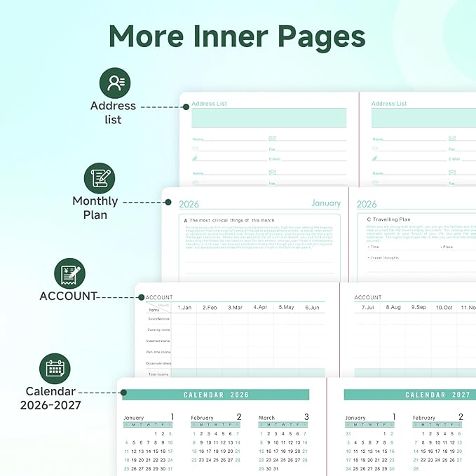 Picoway 2026 Planner A5 400 Pages - Weekly and Monthly Daily Calendar with Thick Paper, One Full Page Per Day Planners from Jan. 2026 - Dec. 2026, Hardcover Notebook ，8.3" x 5.7" (Dark Green)