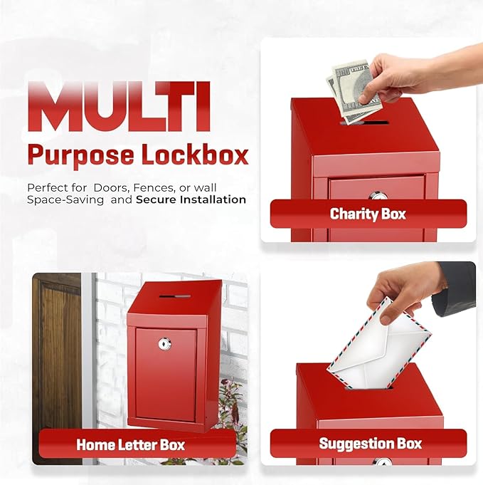 Metal Donation Box-Suggestion Box with Slot and lock-Cash Lock box for Money-Drop Box-outdoor waterproof mailbox and ballot box-comes with pre-drilled holes for easy wall mounting 10 X 6 X 2.5"(Red)