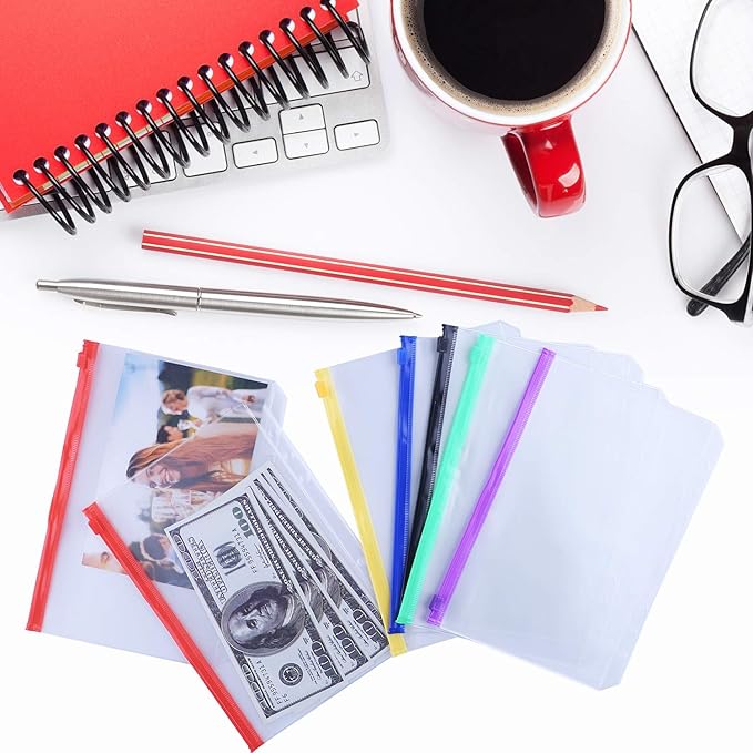Antner 12PCS A5 Binder Pockets 6-Hole Budget Cash Envelopes for A5 6-Ring Binder, Multicolor Zipper Pouches for Planner Inserts, Money Organizer Bags Savings Challenge Envelopes for Cash Stuffing