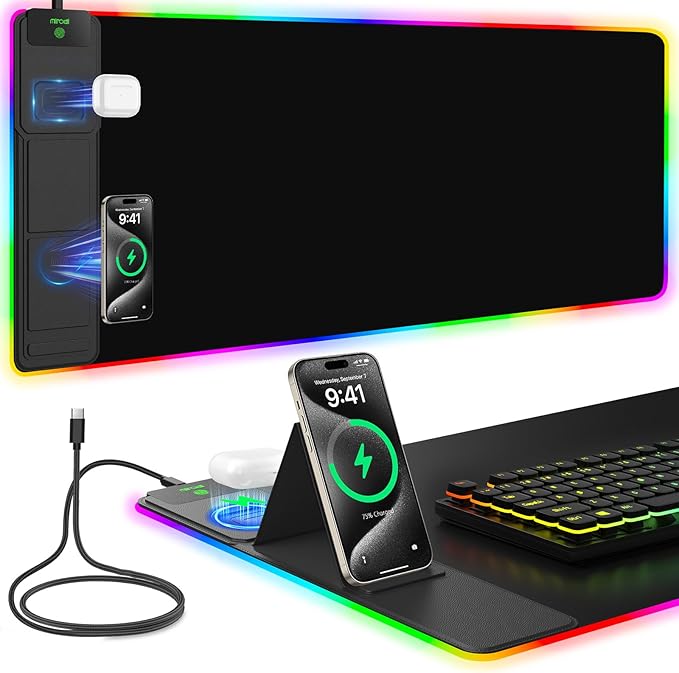Mouse Pad with Foldable Phone Holder & Wireless Charger, XXL RGB Gaming Mousepad 31.5"x15.8" Large Desk Mat for Keyboard, Black Desk Pad with Dual Qi Charging Station | 11 Colors 5 Modes | Waterproof