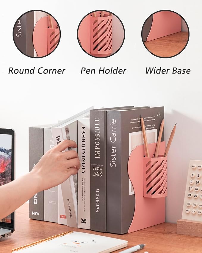 Kingsmile Book Ends, Adjustable Bookends for Shelves, Metal Bookends for Heavy Books, Book Stopper Organzier with Pen Holder for Desk, Kids Room, Office, Classroom, Library, Study Room.(Pink)