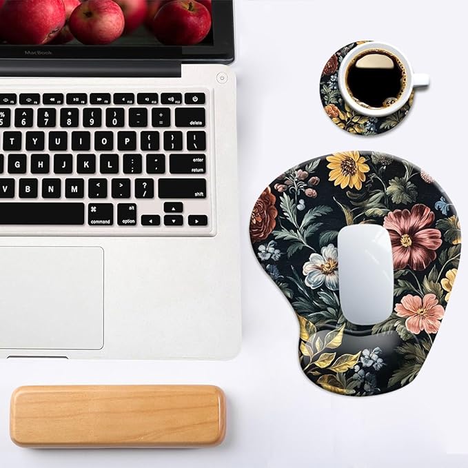 DOOKE Ergonomic Mouse Pad with Wrist Support,Mouse Pad with Wrist Rest and Coaster Set,Office Supplies Non-Slip Mouse Pads for Desk,Comfortable Cute Retro Floral