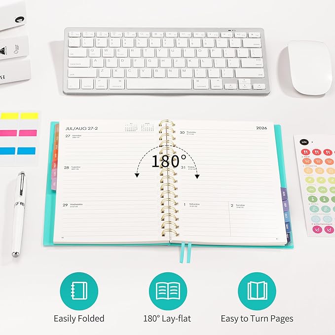 RETTACY 2026 Planner, Weekly and Monthly, Medium Size (5.7" x 8.3"), Jan - Dec 2026, Agenda, Calendar, 12 Month Tabs, Flexible Plastic Cover, 100 GSM Thick Paper, Spiral-bound (Tiffani Blue)