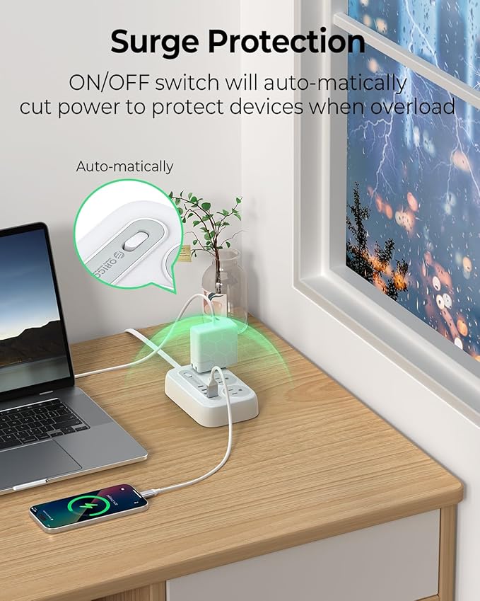ORICO Surge Protector Power Strip, Multiple Outlets Extension Cord with 6 AC Outlets 2 USB-A and 2 USB-C Ports, 10 ft Long Flat Plug Power Strip, Mountable Outlet Extender for Dorm/Office/Home- OG