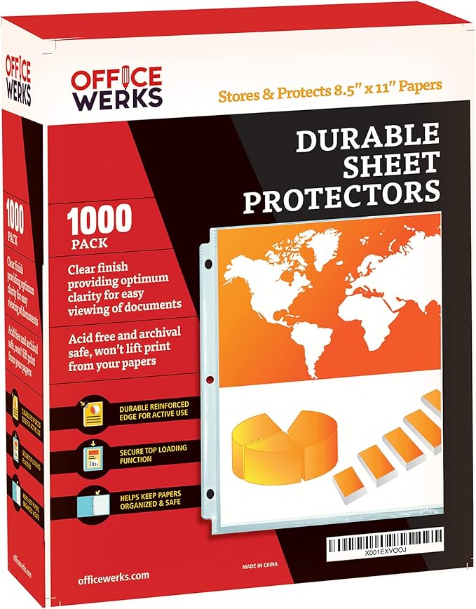 Office Werks 1000 Bulk Sheet Protectors, 8.5 X 11 Inch Clear Page for 3 Ring Binder, 35 Micron Plastic Sheet Sleeves, Durable Top Loading Paper Protector with Reinforced Holes Archival Safe
