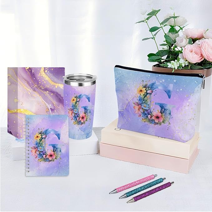 Personalized Gifts Monogrammed Birthday Gifts for Women, Her Employee Housewarming Christmas Initial 20 oz Tumbler, Makeup Bag Cup Ballpoint Pens Journal Notebook 6 Set, (Aesthetic Purple Flower G)