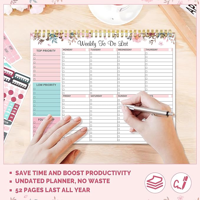 Weekly To Do List Notepad with 52 Undated Sheets, 8.5"×11" Weekly Desk Planner Undated Weekly Planner with Spiral Bound for Women & Man Home School and Work, Pink
