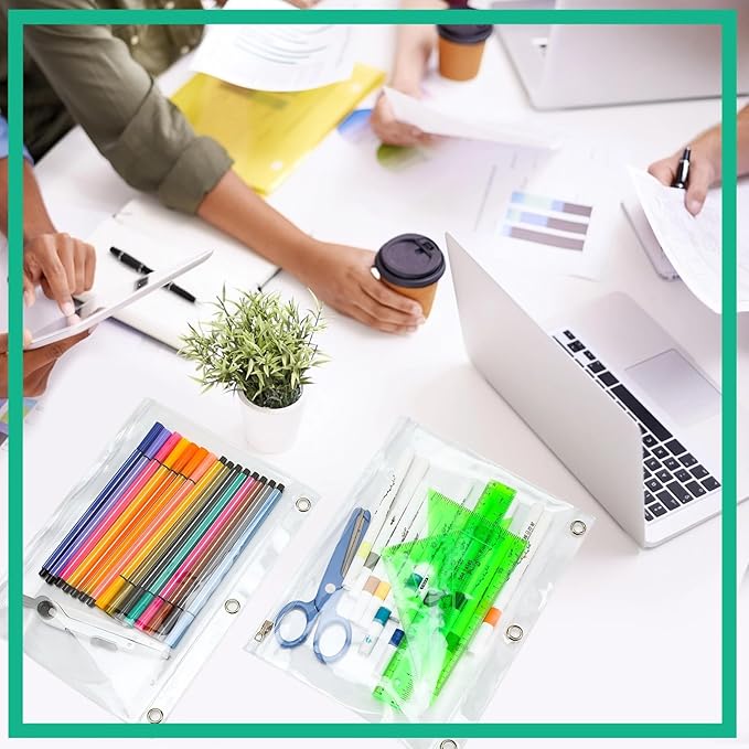 Lincia 24 Pack Clear Pencil Pouch for 3 Ring Binder Pencil Case with Metal Zipper 3 Ring Binder Pocket Inserts Bag 10 x 7'' Visible Cash Envelope with Re-enforced Grommet for College Office Supplies