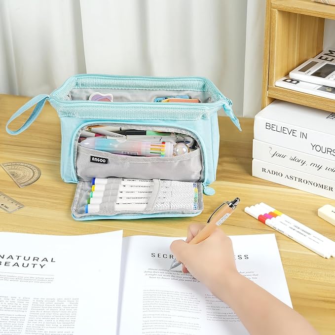 Pencil Case Pouch Large Capacity with Compartments, Pencil Case Pouch Bag with Zipper Handle for Teen Girls Boys Adults Women Men, Portable Pen Bag Stationery Organizer for Office School Travel, Blue