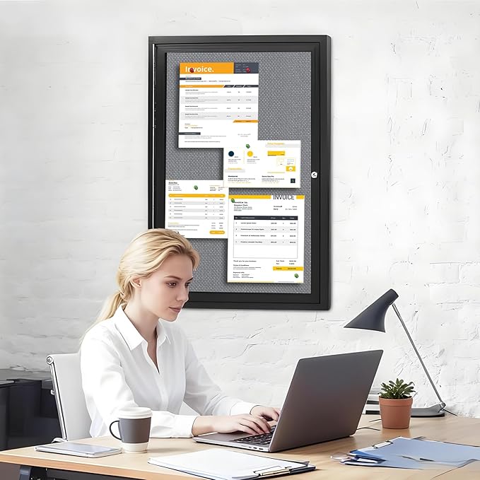 Outdoor Weatherproof Enclosed Fabric Bulletin Board,Noticeboard Case with Lockable Glass Door, Grey Felt,Black Aluminum Frame, 36x24 Inch (5xA4)