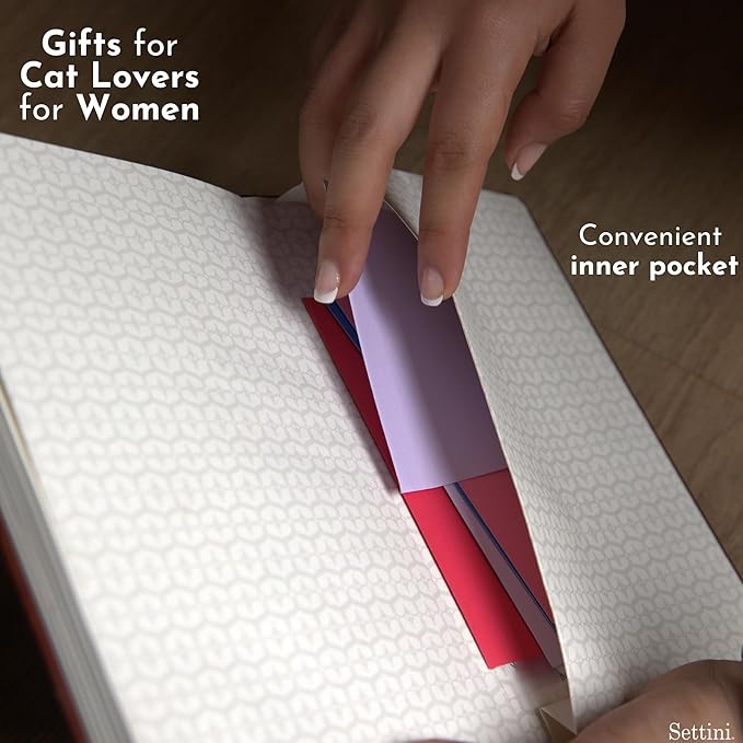 SETTINI® Lined Journal - Cat Journal for Writing Gift Set - Hardcover Vegan Leather, Includes Luxury Pen in a Unique Pen Holder, 192 Pages, 6 x 8.5 inches, Birthday Gift
