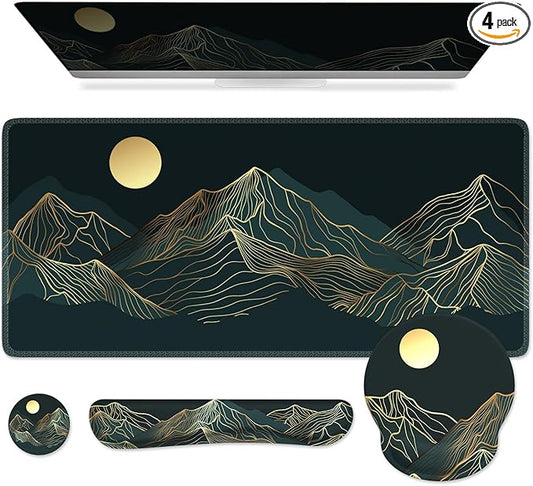 iCasso Large Mouse Pad, 4in1 XXL Mousepad + Keyboard Wrist Rest+Mouse Wrist Rest+Coaster Set with Ergonomic Design for Computer(Cyan-Mountain)