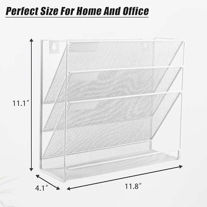 EASEPRES Desk File Organizer Mesh 4-Tier, Hanging Wall Mount Document Organization Stand, Desktop Vertical Mail Paper Folder Holder Rack with Bottom Tray for Office Home Cubicle Countertop, White